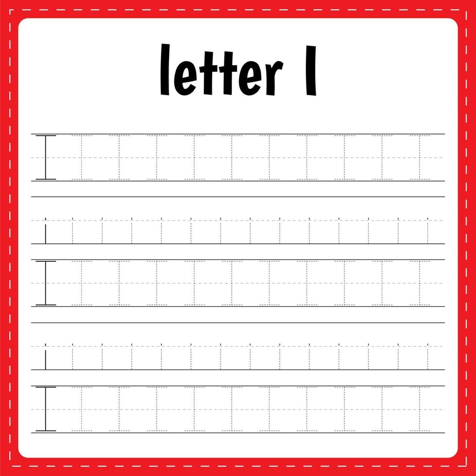Writing letters. Tracing page. Practice sheet. Worksheet for kids. Learn alphabet. Letter I vector