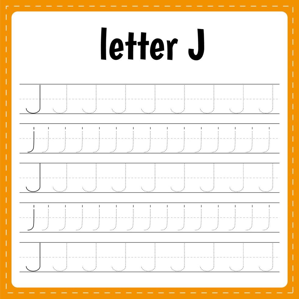 Writing letters. Tracing page. Practice sheet. Worksheet for kids. Learn alphabet. Letter J vector