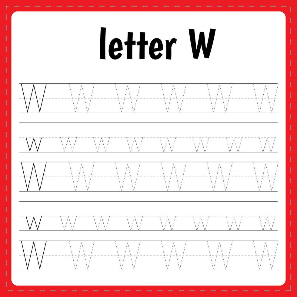 Writing letters. Tracing page. Practice sheet. Worksheet for kids. Learn alphabet. Letter W vector