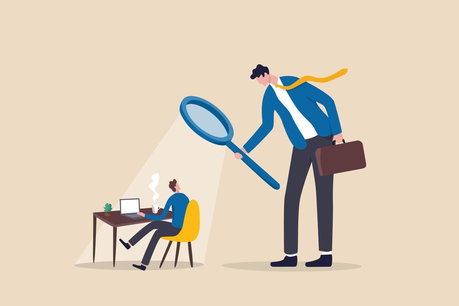 Micromanage boss, toxic manager monitoring every details, excessive supervision and control of employee work and processes, micromanager boss using magnifying glass keep looking at employee working. vector