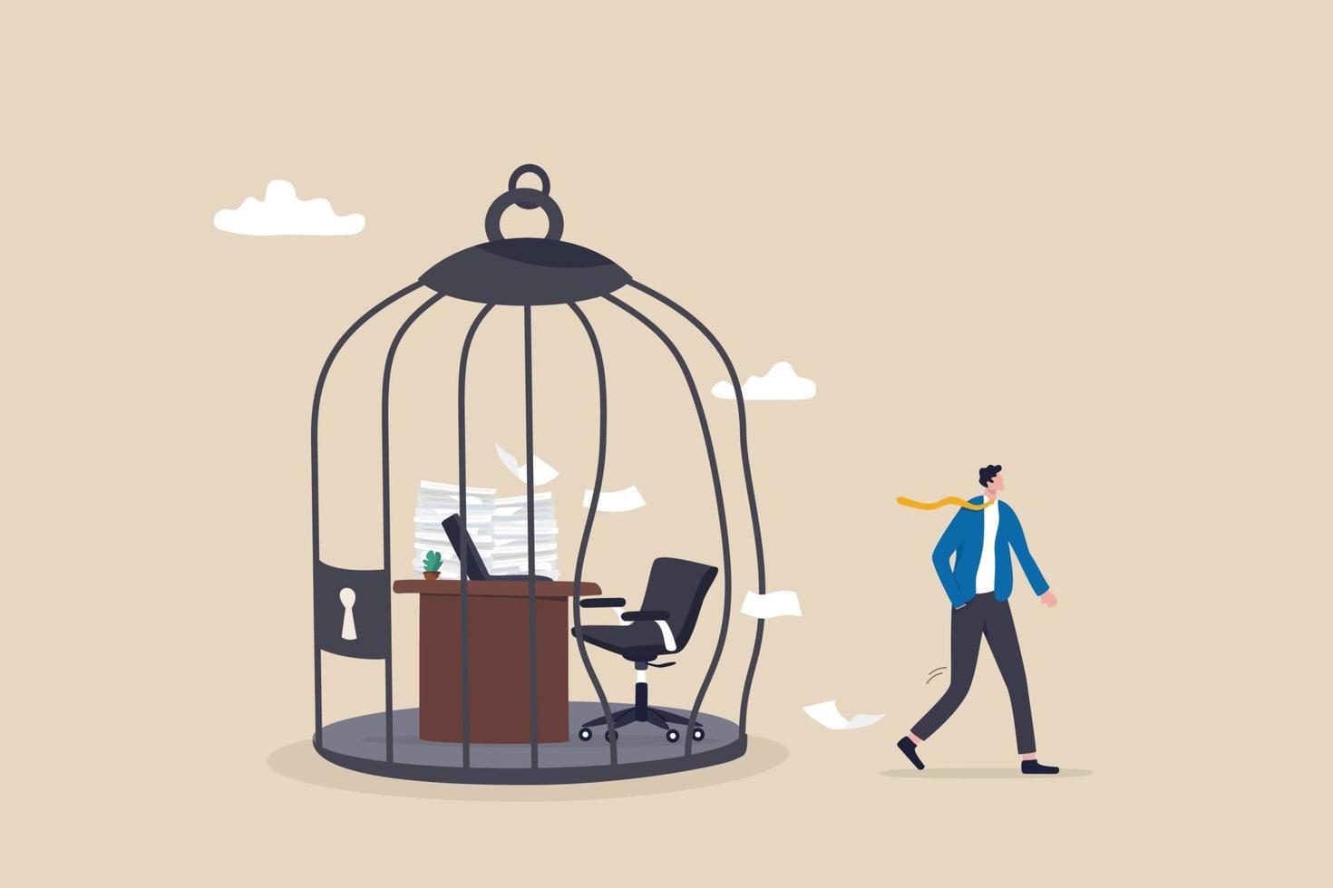 Break free, quit exhausted day job to start new business, escape for freedom, resign from toxic workplace or retirement concept, confidence businessman break free from toxic working desk bird cage. vector