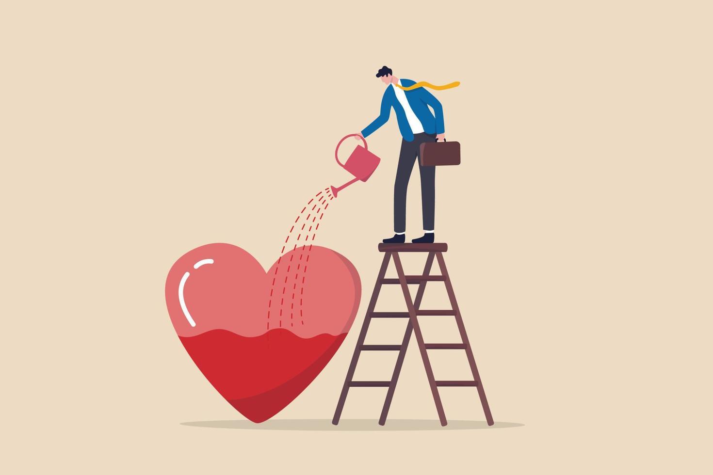 Work passion, motivation to success and win business competition, mindset or attitude to work in we love to do concept, businessman pouring water to fulfill heart shape metaphor of passion. vector