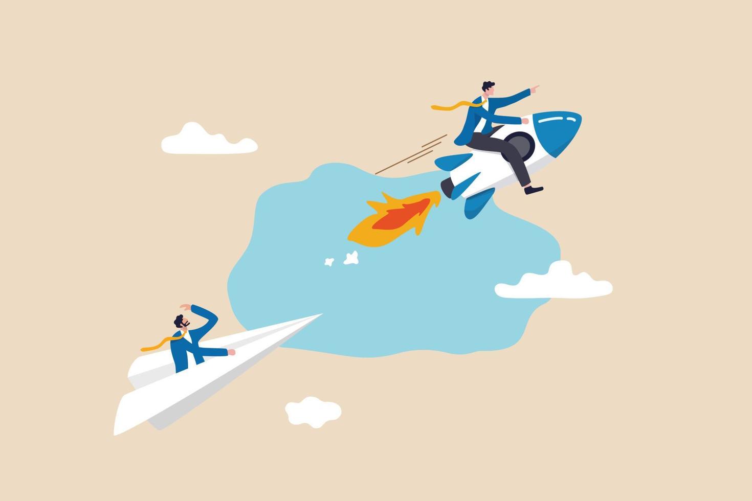 Leadership to win business competition, winner or competitive advantage to success in work, innovation and motivation concept, businessman riding fast rocket to win against other origami airplane. vector