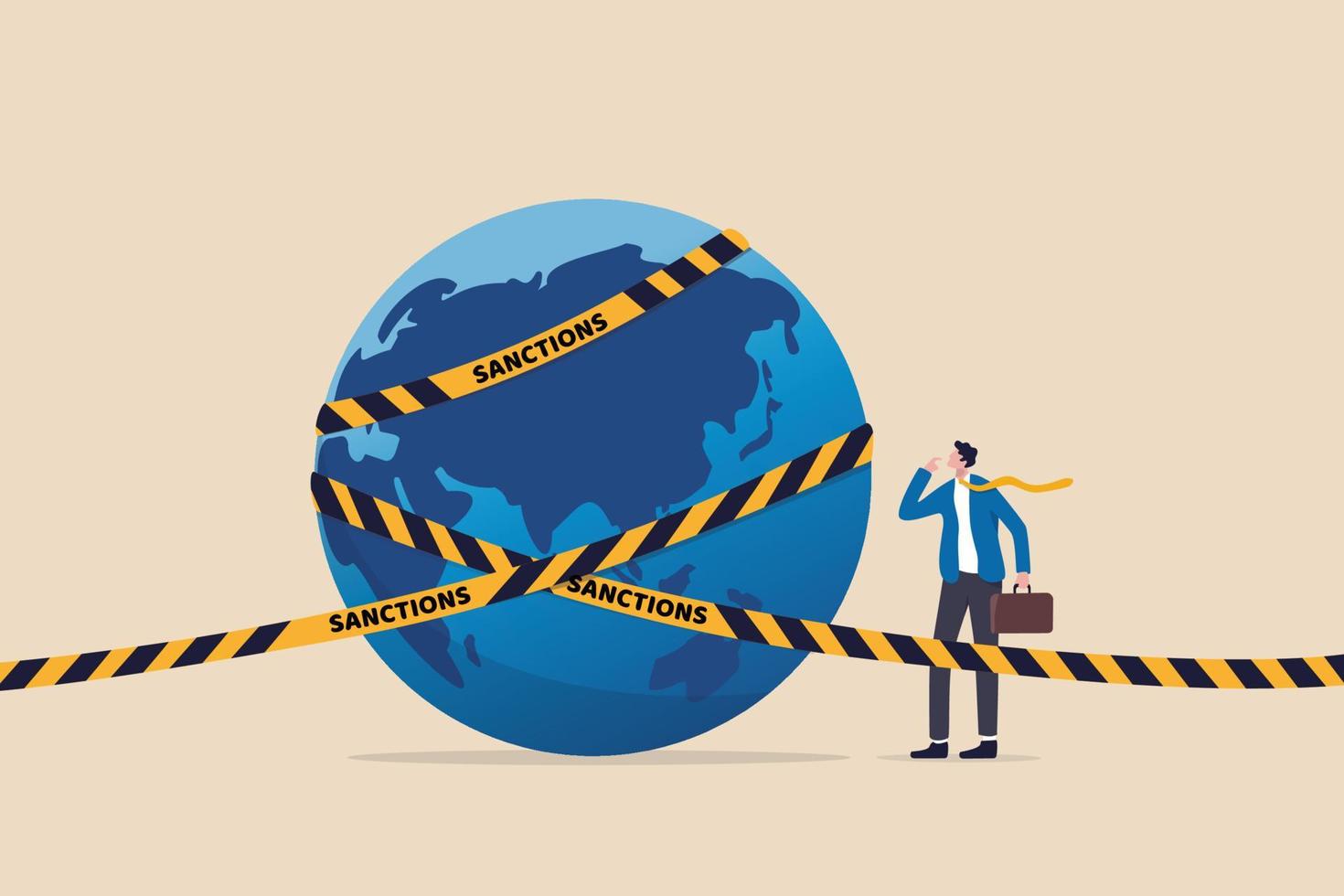 World economic sanctions, force country to obey international law by limit or stop trading concept, businessman look at planet earth world country with prohibited yellow tape with word sanctions. vector