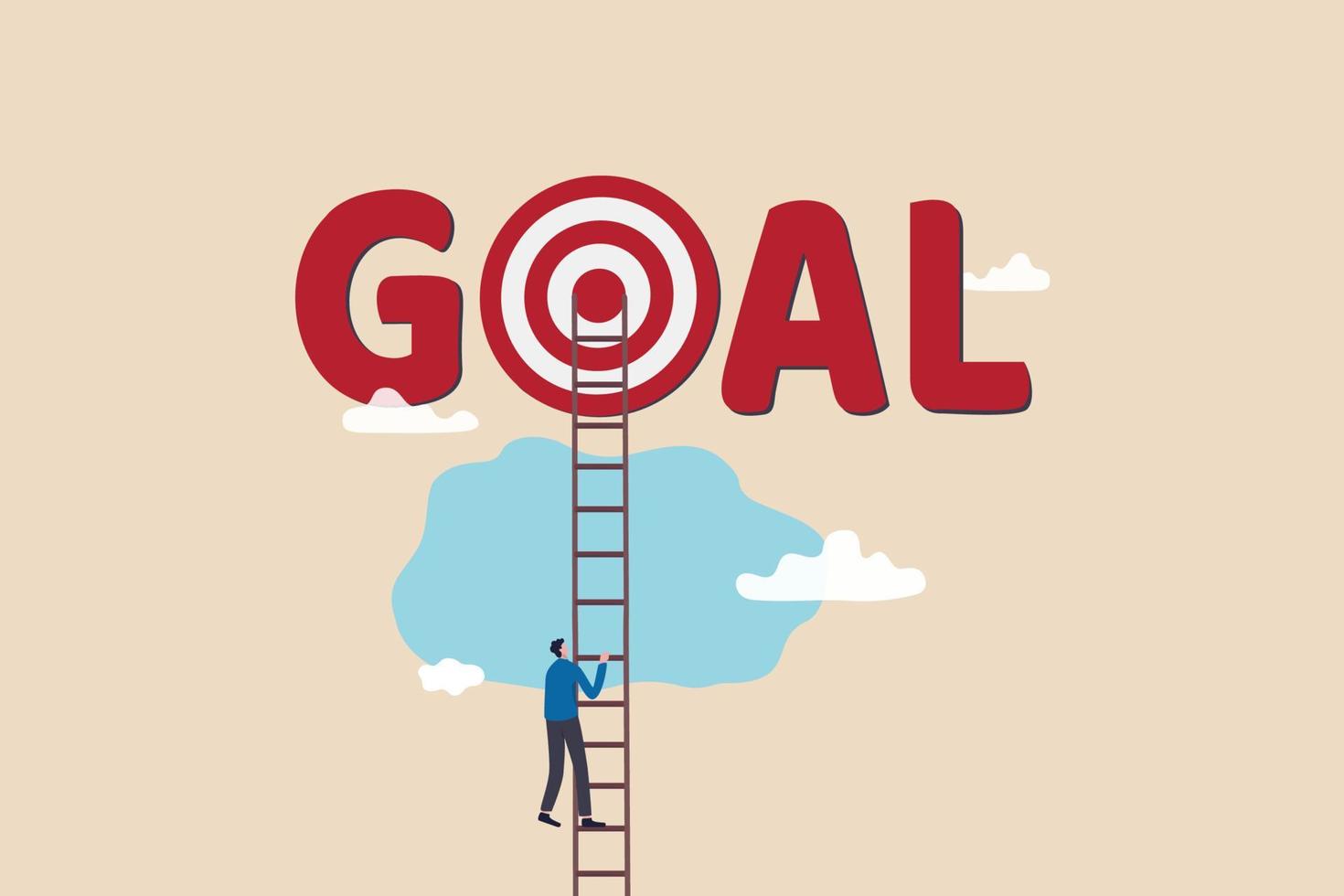 Ladder to reach goal, target and achievement, challenge to find success, business objective or purpose concept, smart businessman climb up ladder high into cloud sky to reach goal dartboard. vector