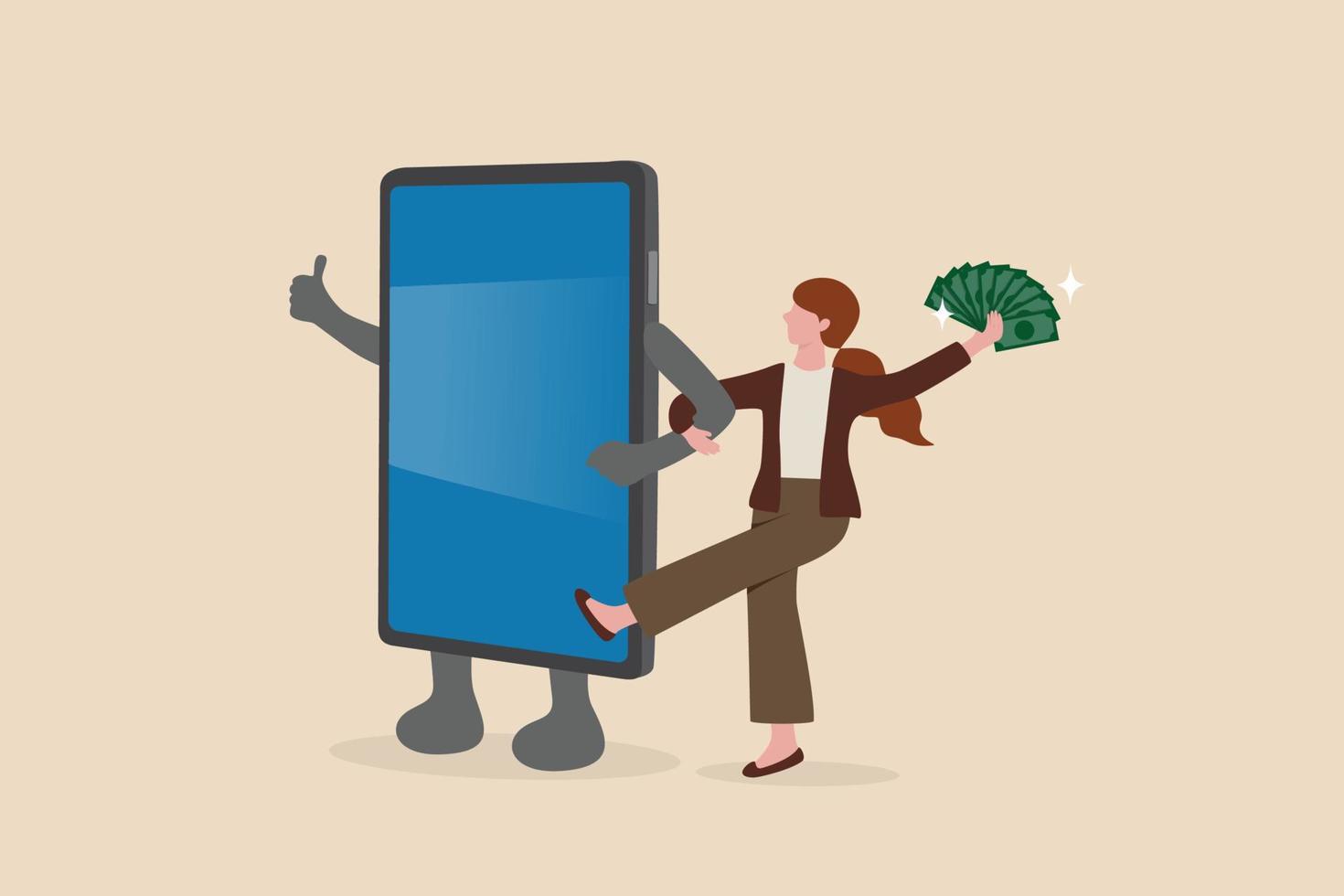 Make money from mobile app, bank transfer or smartphone payment application, investment or mobile banking concept, happy rich woman holding money banknotes walking arm in arm with mobile phone. vector