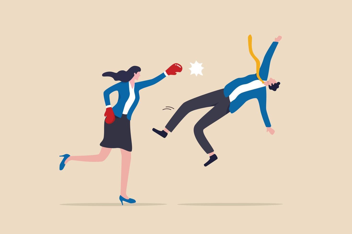 Success businesswoman winning business competition, woman leadership or challenge to overcome or defeat enemy concept, strong confidence businesswoman leader punch a businessman to knockout winning. vector