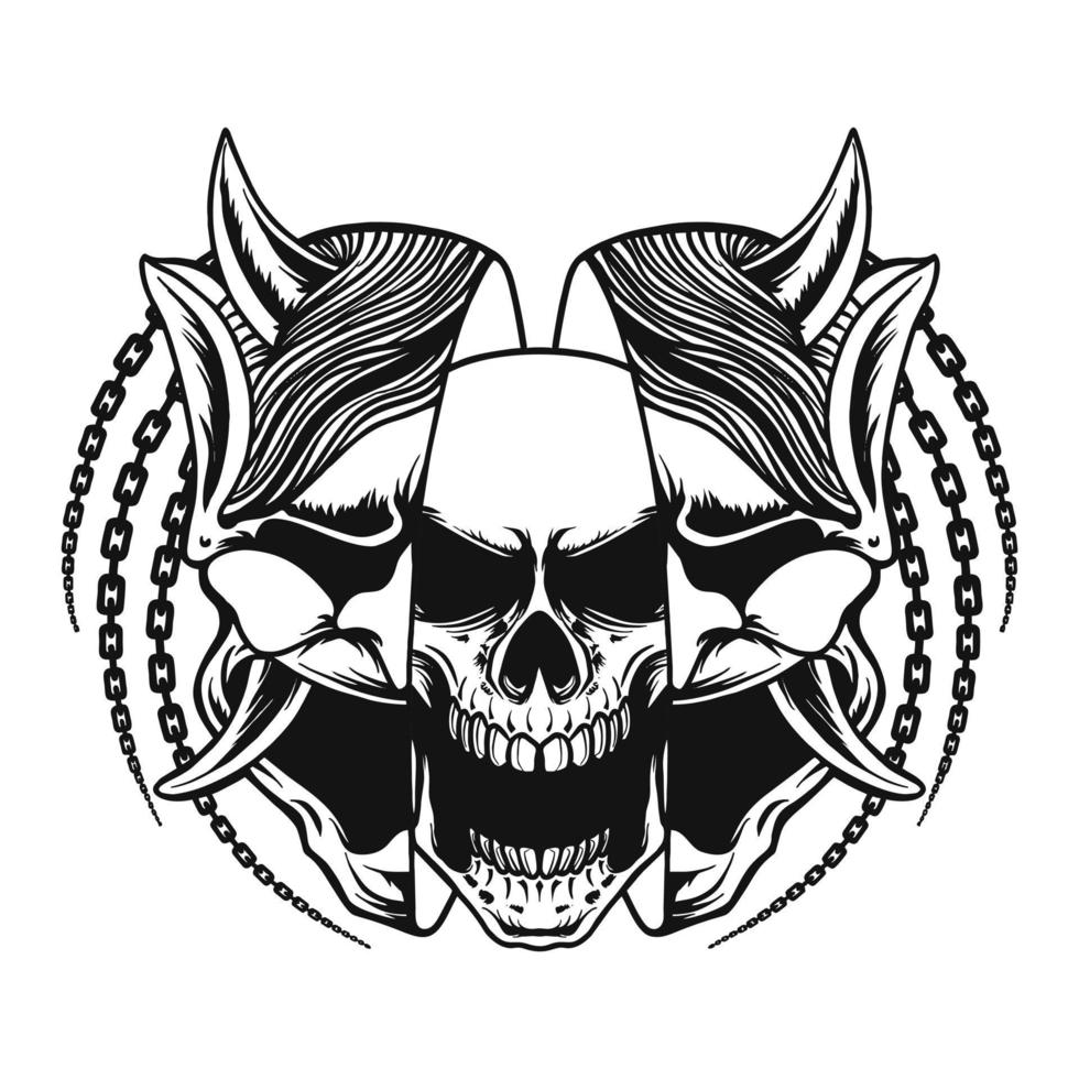 Japanese Oni Mask and skull Head Vector Illustration