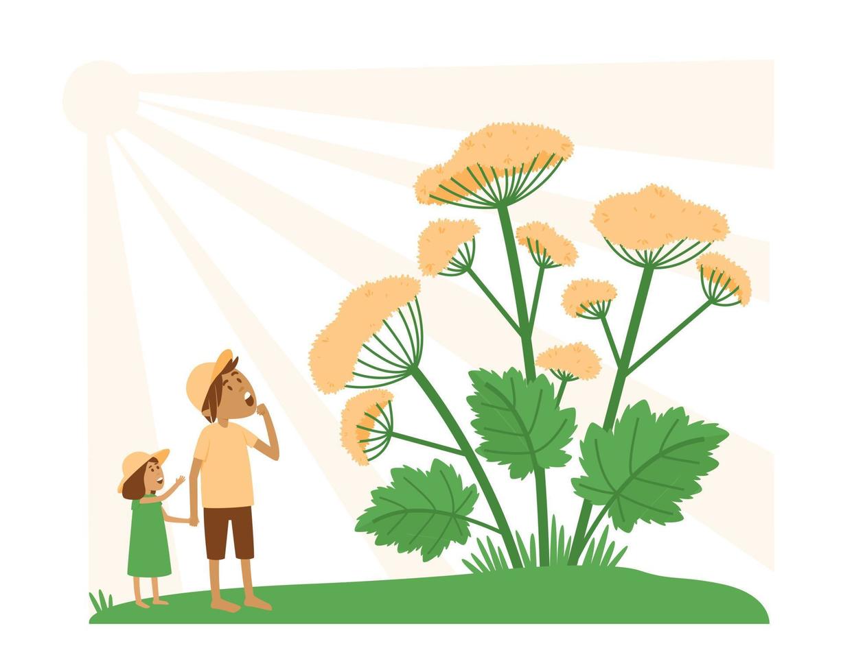 Illustration on isolated background with kids looking at dangerous hogweed vector