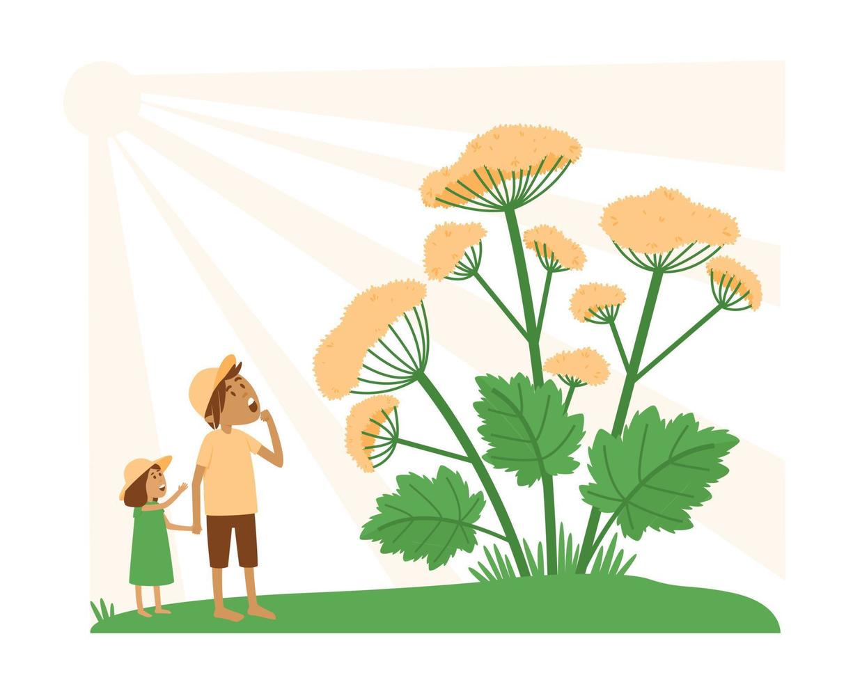 ilustración sobre fondo aislado con niños mirando hogweed peligroso vector