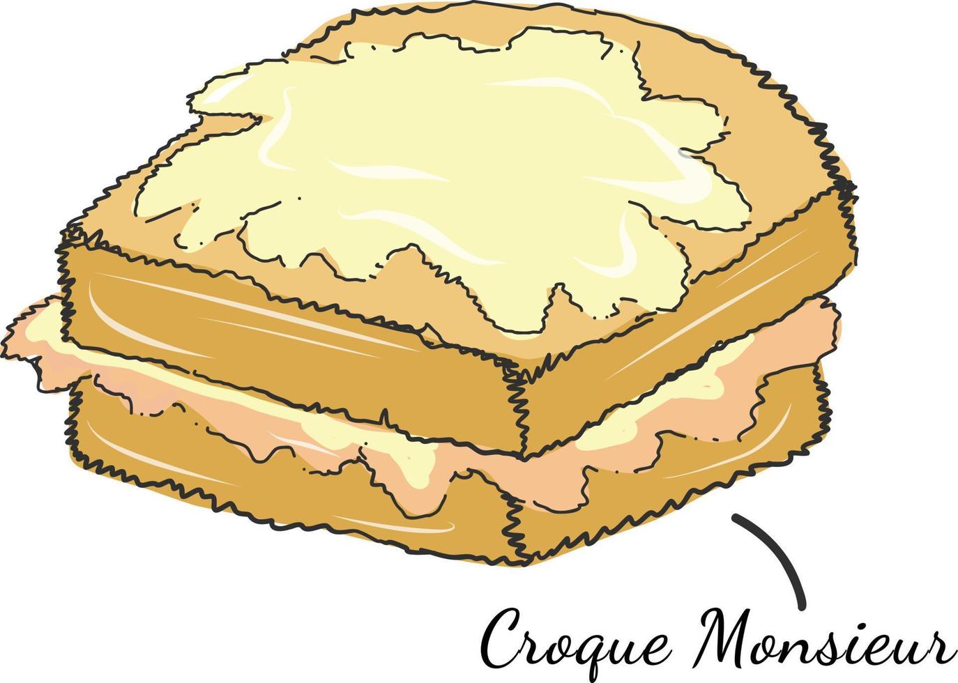 Traditional Croque monsieur a Ham and Cheese Sandwich French food doodle illustration. Doodle styled European traditional Croque Monsieur dish. vector