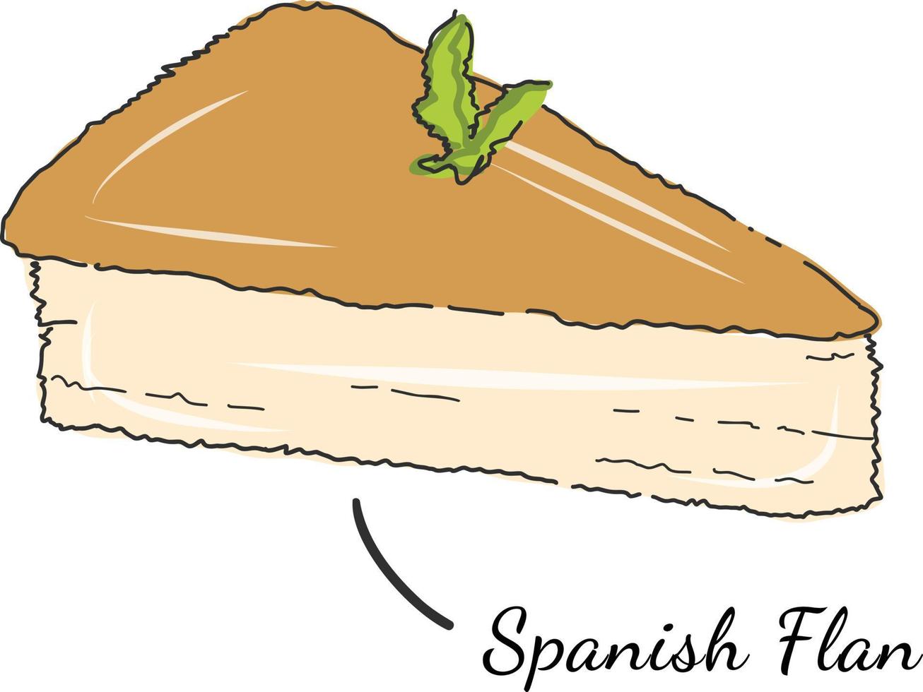 flan de postre español, ilustración de crema pastelera para el menú de pastelería, con pudín de vainilla en el plato, pastel de jarabe de caramelo vector