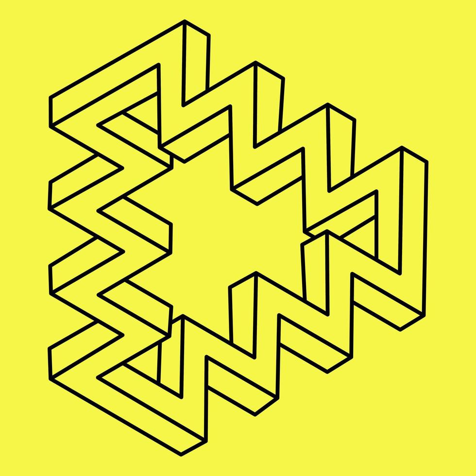 Impossible shapes, optical illusion vector. Optical art. Black lines on a yellow background. vector