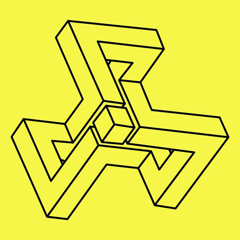Impossible shapes. Sacred geometry figure. Optical illusion. Abstract eternal geometric object. Impossible endless outline. Optical art. Impossible geometry shape on a yellow background. Line art. vector