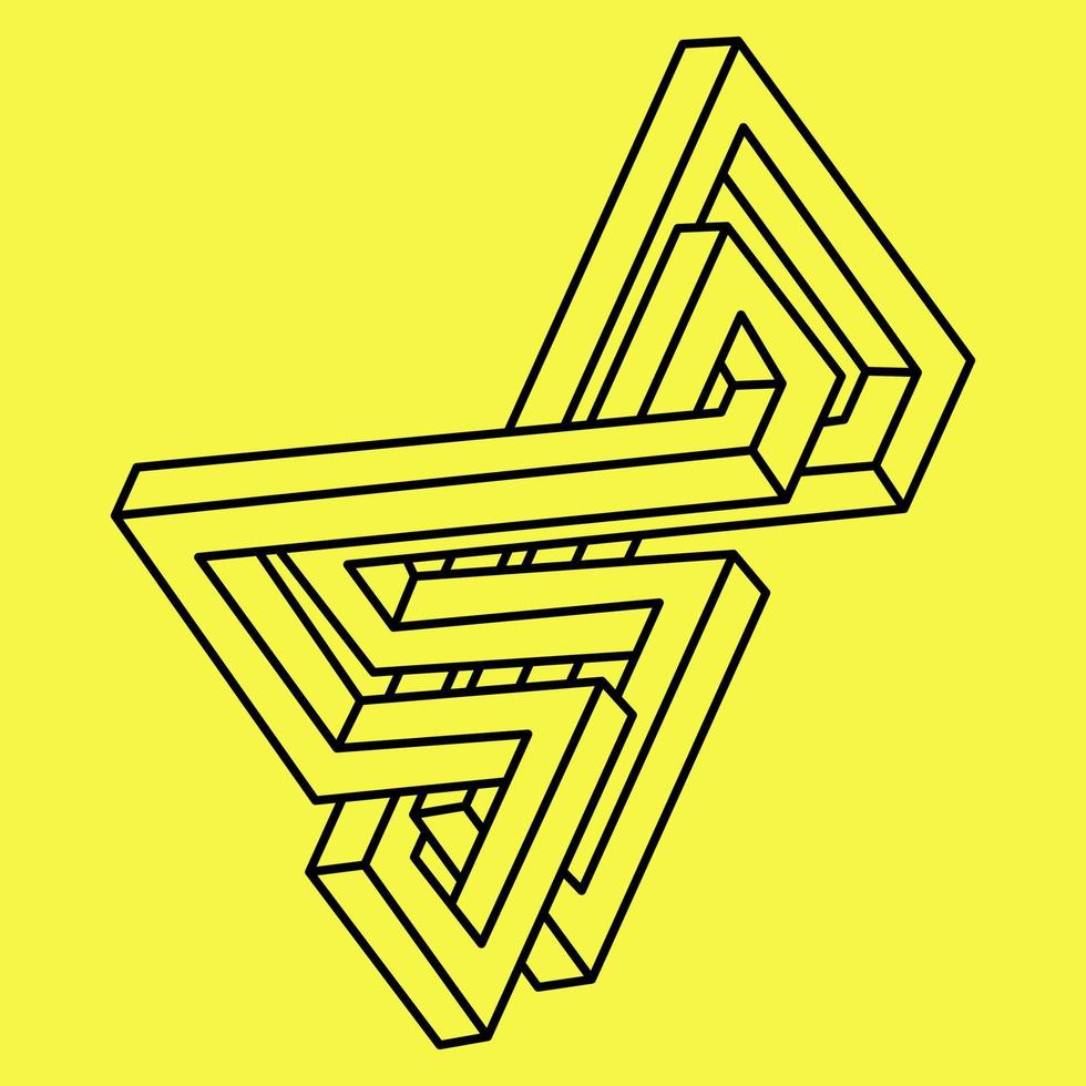 Impossible shape. Sacred geometry. Optical illusion figure. Abstract eternal geometric object. Impossible endless outline shape. Op art. Impossible geometry symbol on a yellow background. Line art. vector