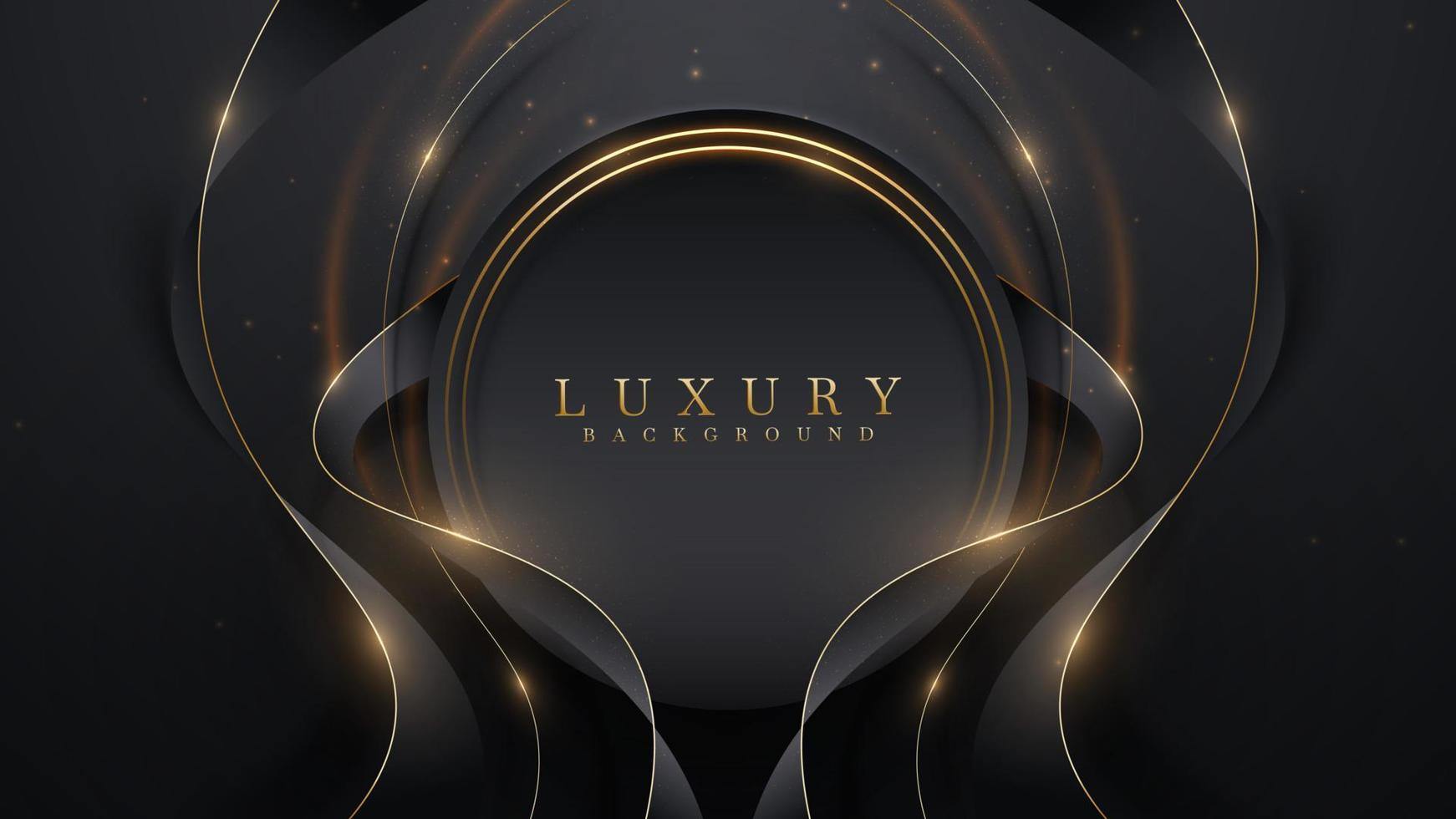 Golden circle frame and black ribbon elements with glitter light effects and bokeh decoration. Luxury style background design. vector