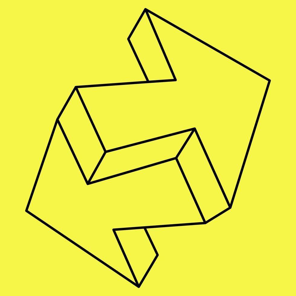 Impossible object. Arrows Isolated on a yellow background. Vector outline illustration. Op art.