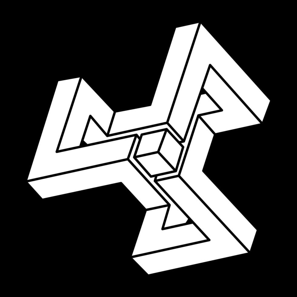 Impossible shapes. Abstract eternal geometric objects. Impossible endless outline. Impossible geometry symbol on a black background. Optical illusion figures. Paradox. vector