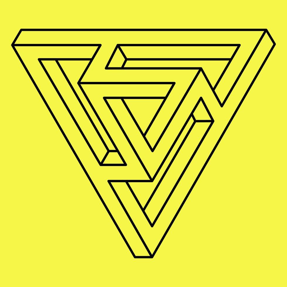 Impossible triangle. Line design shape. Isolated on a yellow background. Vector illustration. Optical illusion objects. Optical art. Unreal geometric figures.