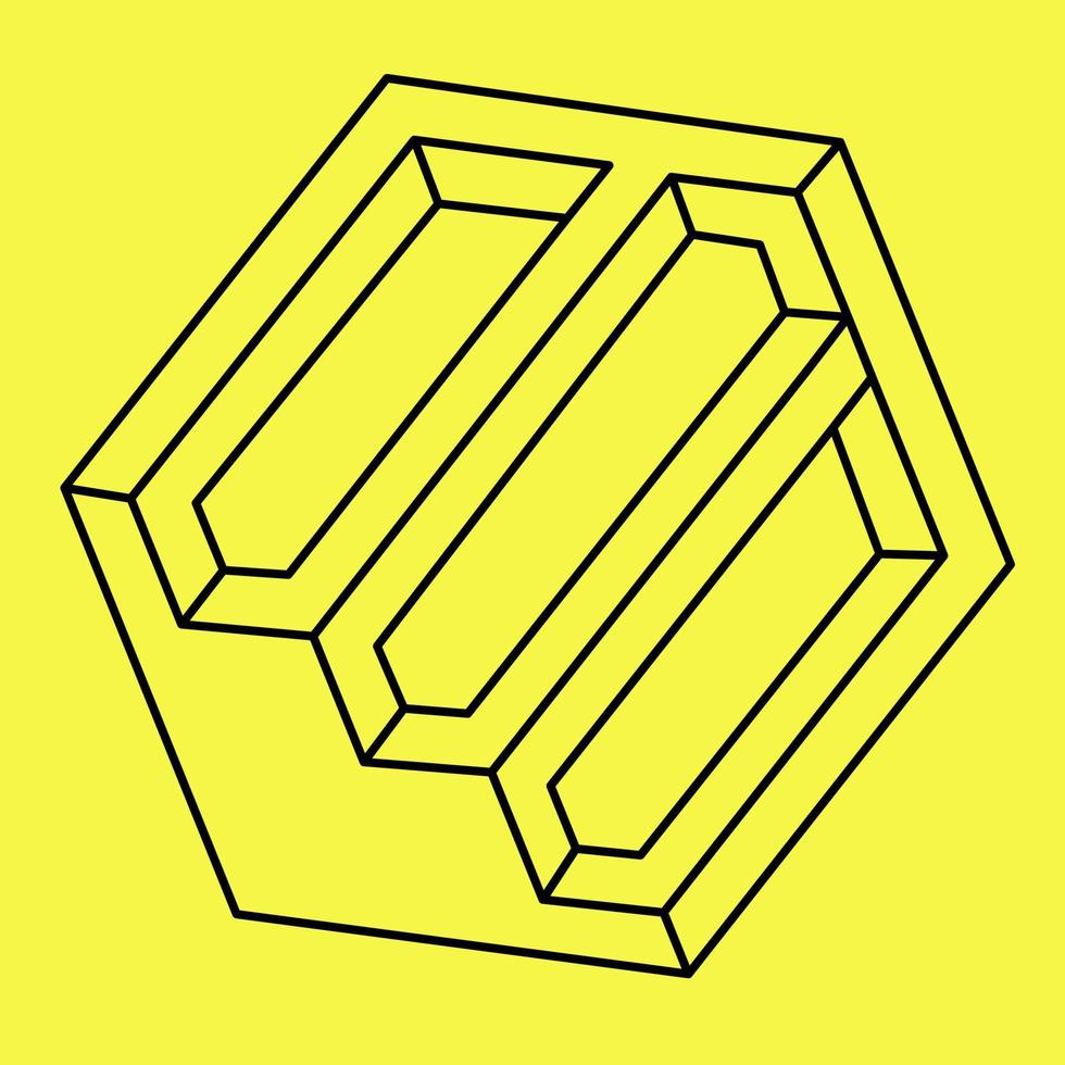 Impossible shape. Optical illusion. Vector illustration isolated on a yellow background. Sacred geometry. Black lines.