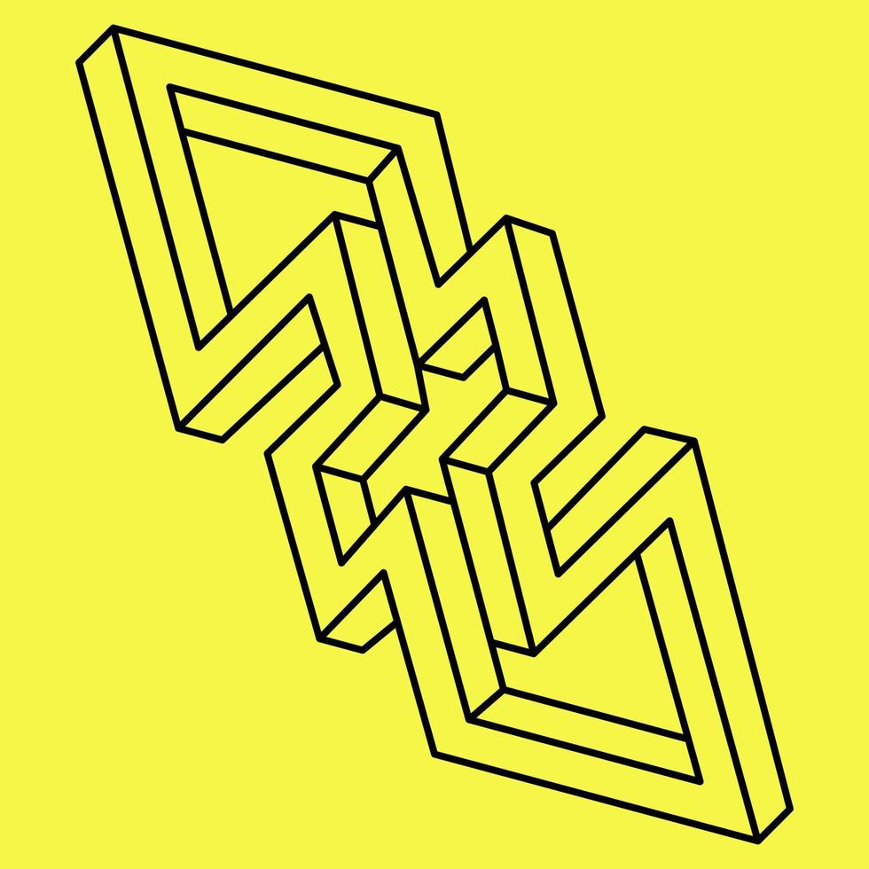 Impossible shape. Sacred geometry. Optical illusion figure. Op art. Impossible geometry object on a yellow background. vector
