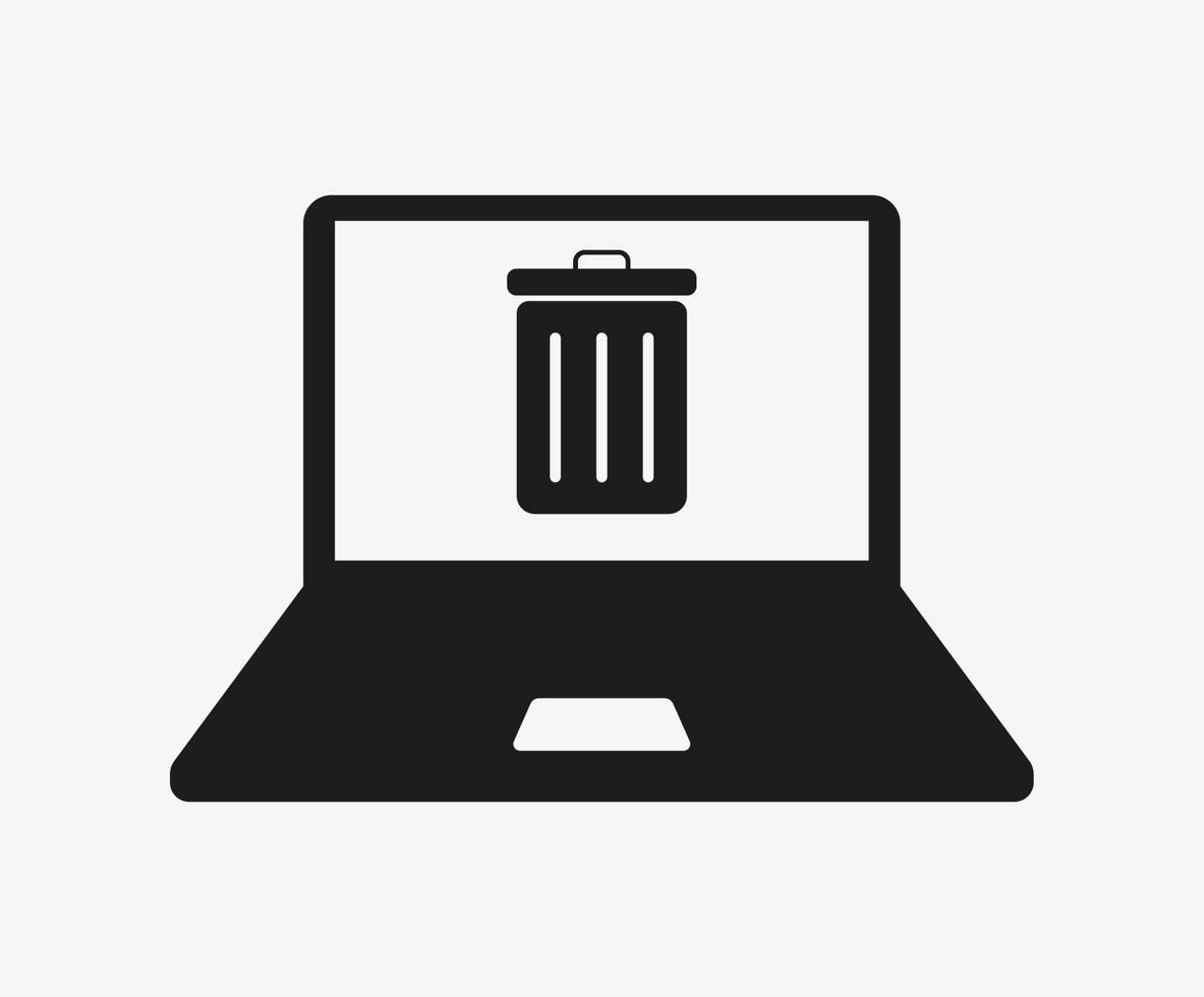 Laptop with dustbin vector icon isolated on white background. Remove files. Computer trash