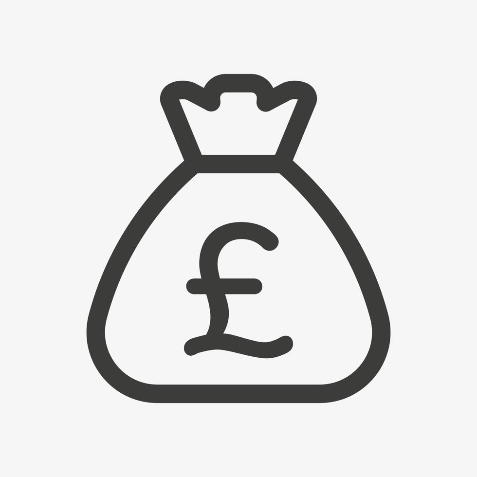 icono de libra. Saco con libra esterlina aislado sobre fondo blanco. pictograma de vector de icono de contorno de bolsa de dinero. símbolo de la moneda británica.