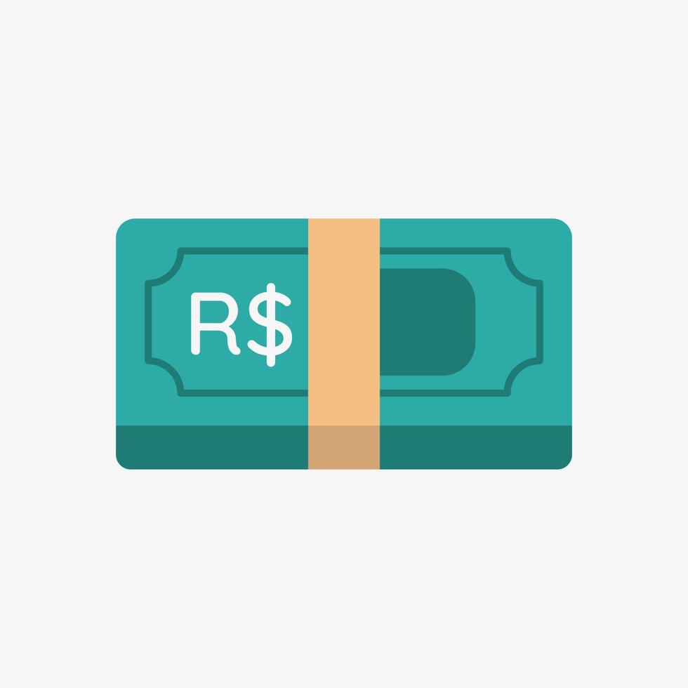 Real icon. Brazilian currency symbol on a banknote. Stack of cash vector illustration.