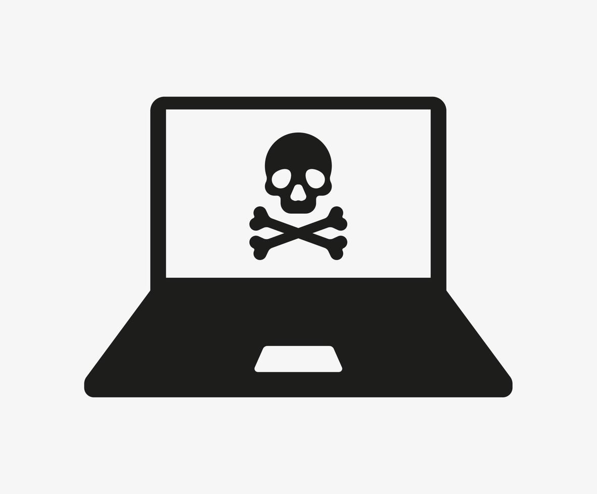 Laptop with virus vector icon isolated on white background. Infected computer symbol. Hacked PC. Skull and crossbones
