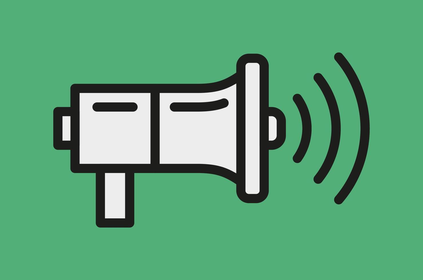 A vector illustration of white megaphone with black outlines on green background. Social media shoutout icon