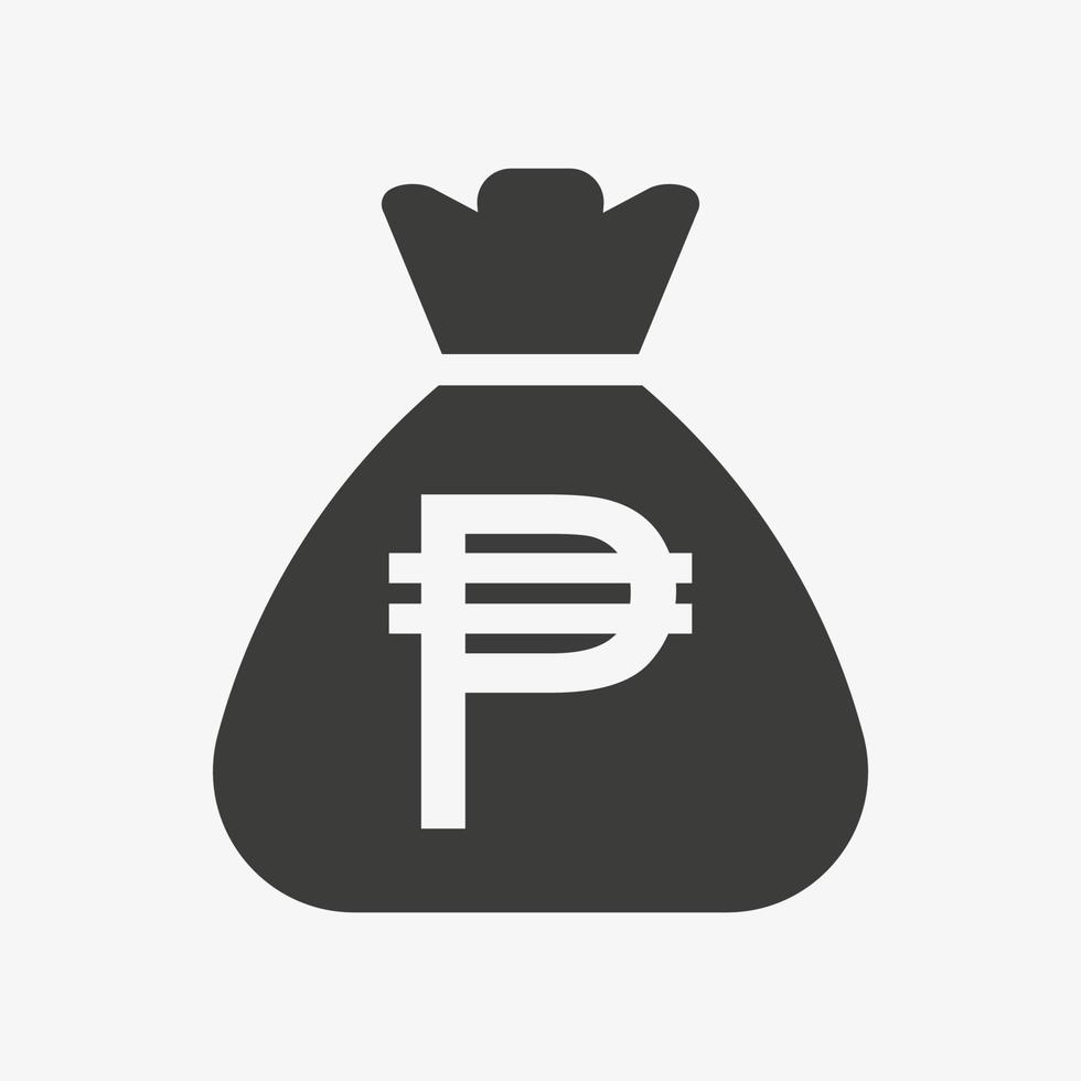 icono de peso filipino. pictograma de vector de icono plano de bolsa de dinero. saco con efectivo aislado sobre fondo blanco. símbolo de moneda filipina