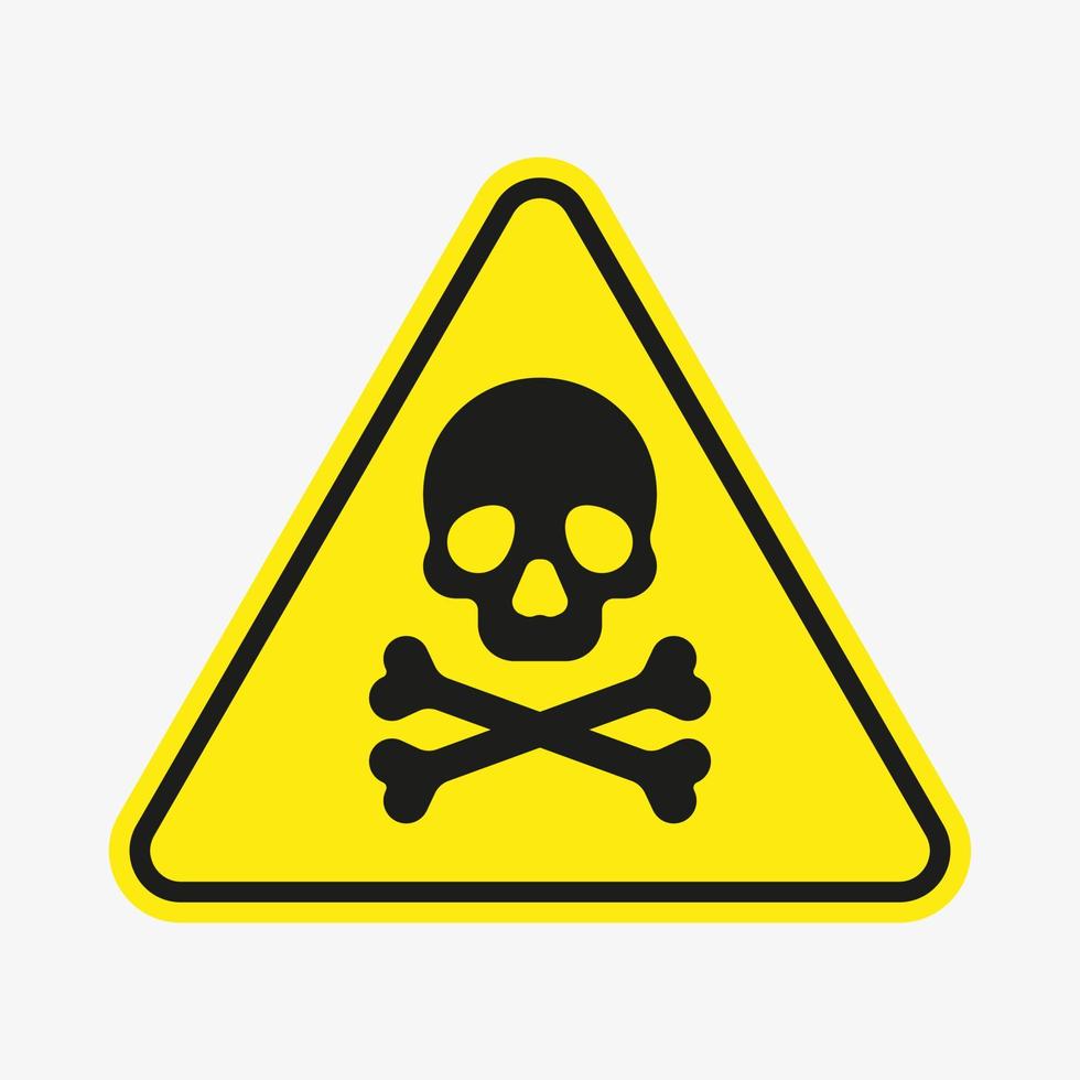 Vector toxic poison icon isolated on white background. Yellow triangle warning symbol. Poison, acid, toxic, caution icon. Skull and crossbones