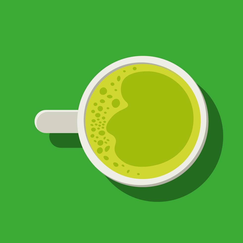 A vector illustration of a cup with matcha tea on a green background. Japanese green matcha tea flat design vector with shadow