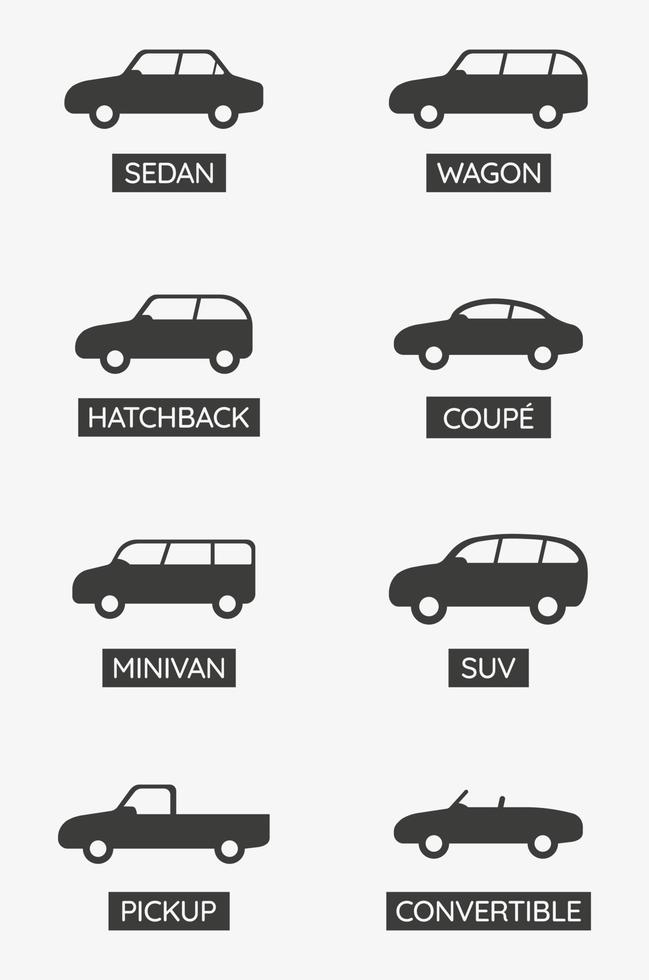 Car type icon set. Vector symbol of cars. Variants of automobile body icons