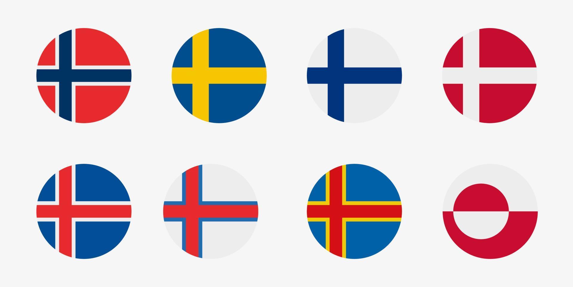 conjunto de iconos de vector de bandera de países escandinavos. banderas de europa nórdica en forma de círculo. noruega, suecia, finlandia, dinamarca, islandia, islas feroe, islas aland, groenlandia