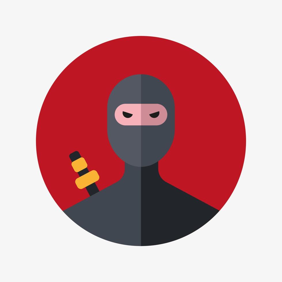 Ninja in black clothes and mask vector flat illustration. Ninja warrior in red circle isolated on white background