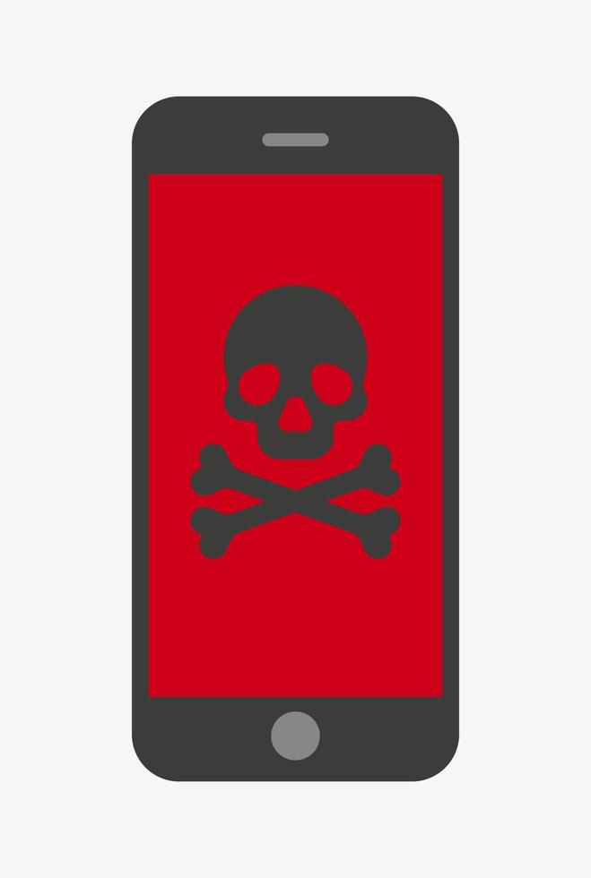 Malware notification on smartphone.  Vector illustration. Smartphone with skull and bones. Virus in mobile phone