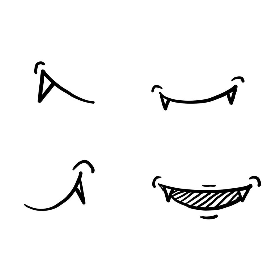 Conjunto de sonrisa de colmillo de boca de vampiro dibujado a mano aislado en garabato de fondo blanco vector