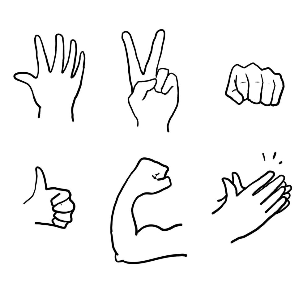 hand drawn Hand Emojis Gestures Vector Icons Set. Biceps, fist, folded hands, victory. doodle