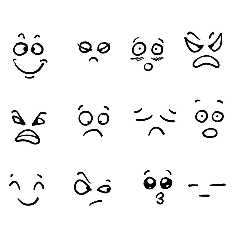 colección de caras de dibujos animados dibujadas a mano. ojos y boca expresivos, expresiones faciales sonrientes, llorando y sorprendidas. caricatura emociones cómicas o emoticon doodle vector