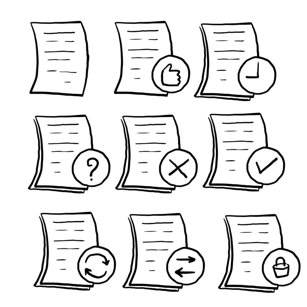 conjunto de iconos de línea vectorial de gestión de flujo de documentos dibujados a mano. garabatear vector