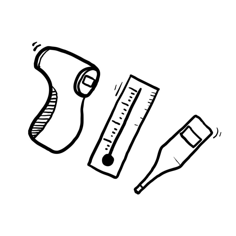Simple Set of Temperature Related Vector hand drawn. Contains such Icons as Thermometer, Pyrometer, Body Temperature Check doodle.