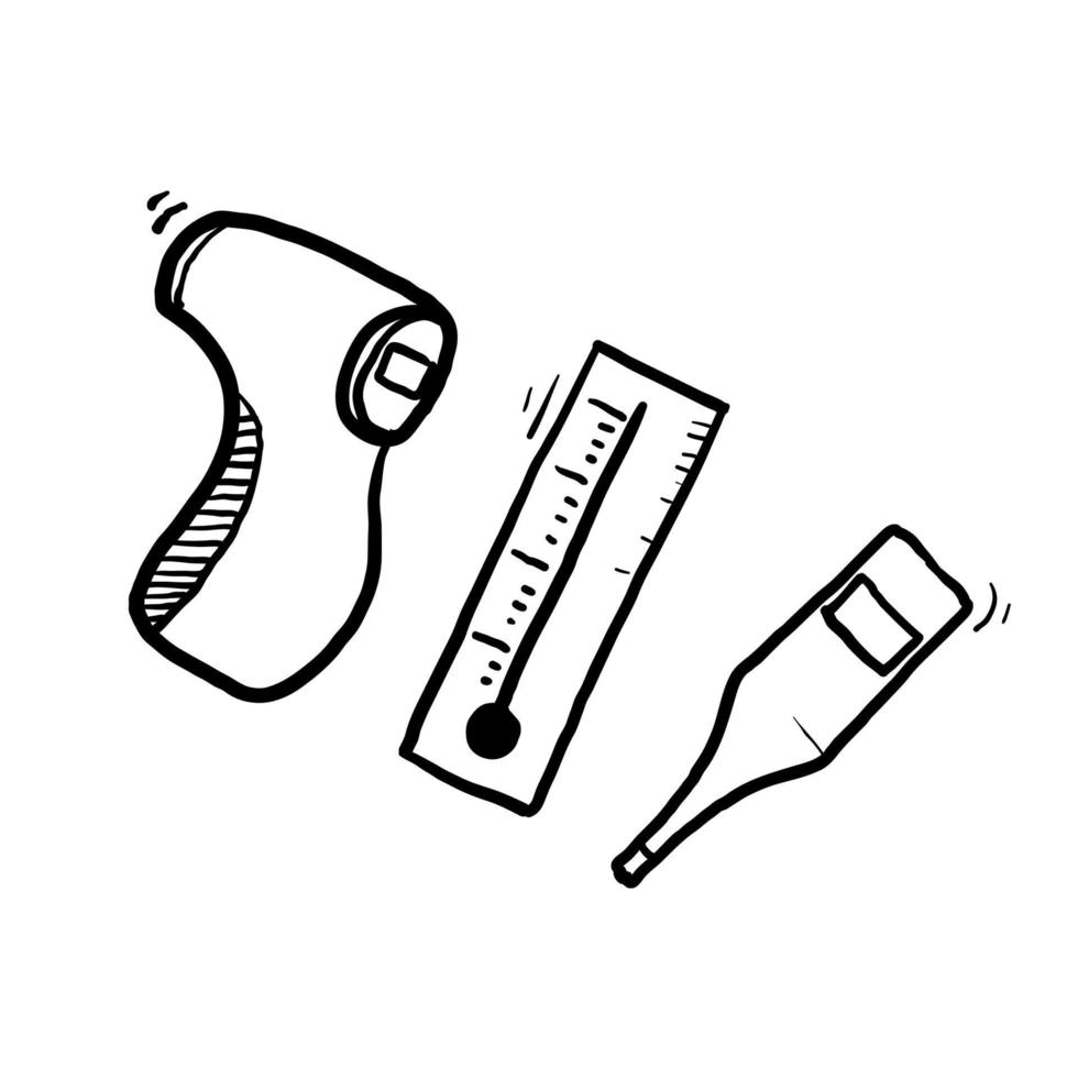 conjunto simple de vectores relacionados con la temperatura dibujados a mano. contiene íconos como termómetro, pirómetro, garabato de control de temperatura corporal.