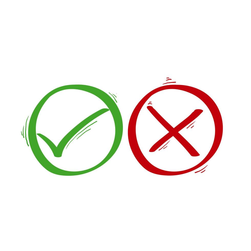 hand drawn Green tick symbol and red cross sign in circle. Icons for evaluation quiz. Vector. doodle vector