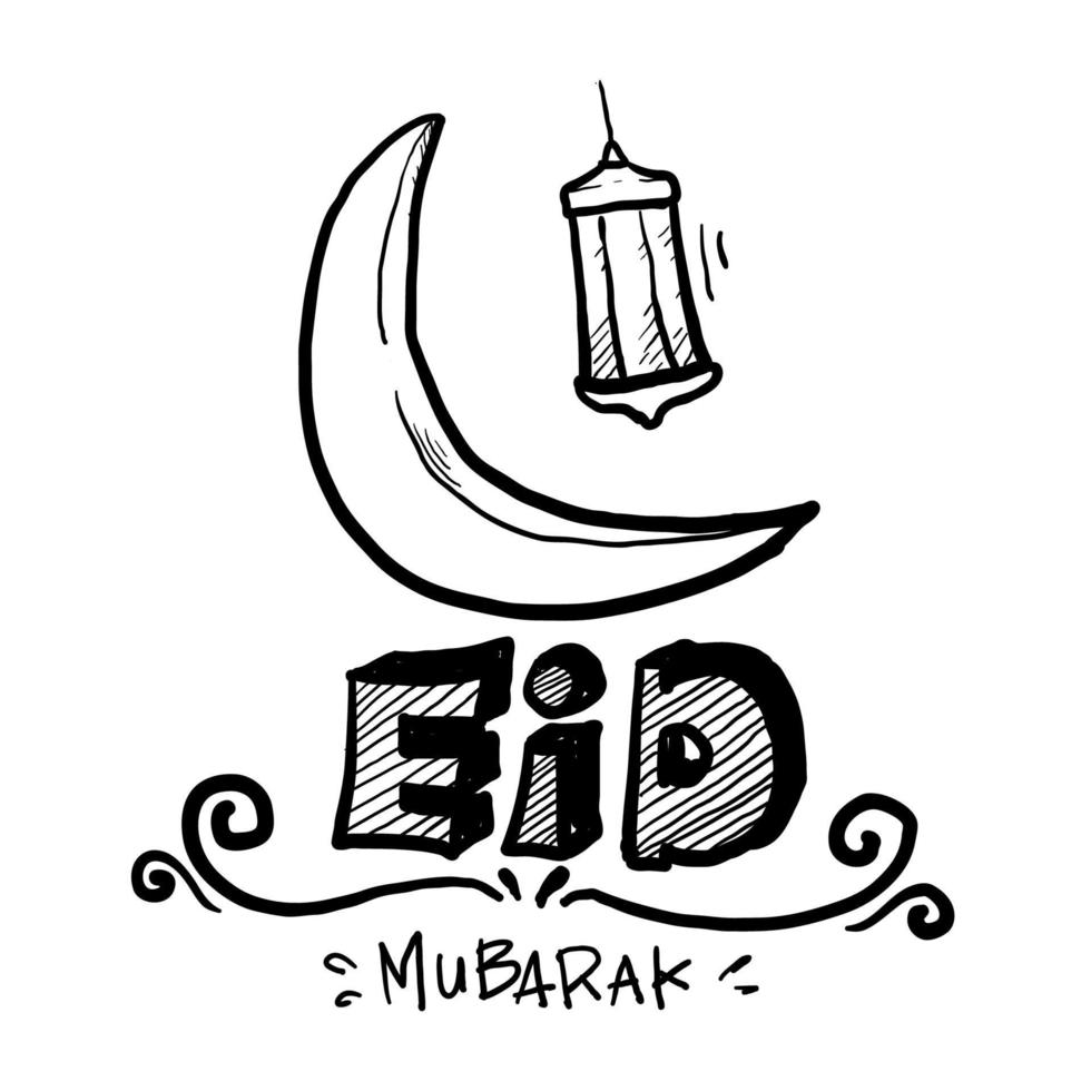 saludo de eid mubarak dibujado a mano con luna y linterna islámica. vector de garabato de mano de letras