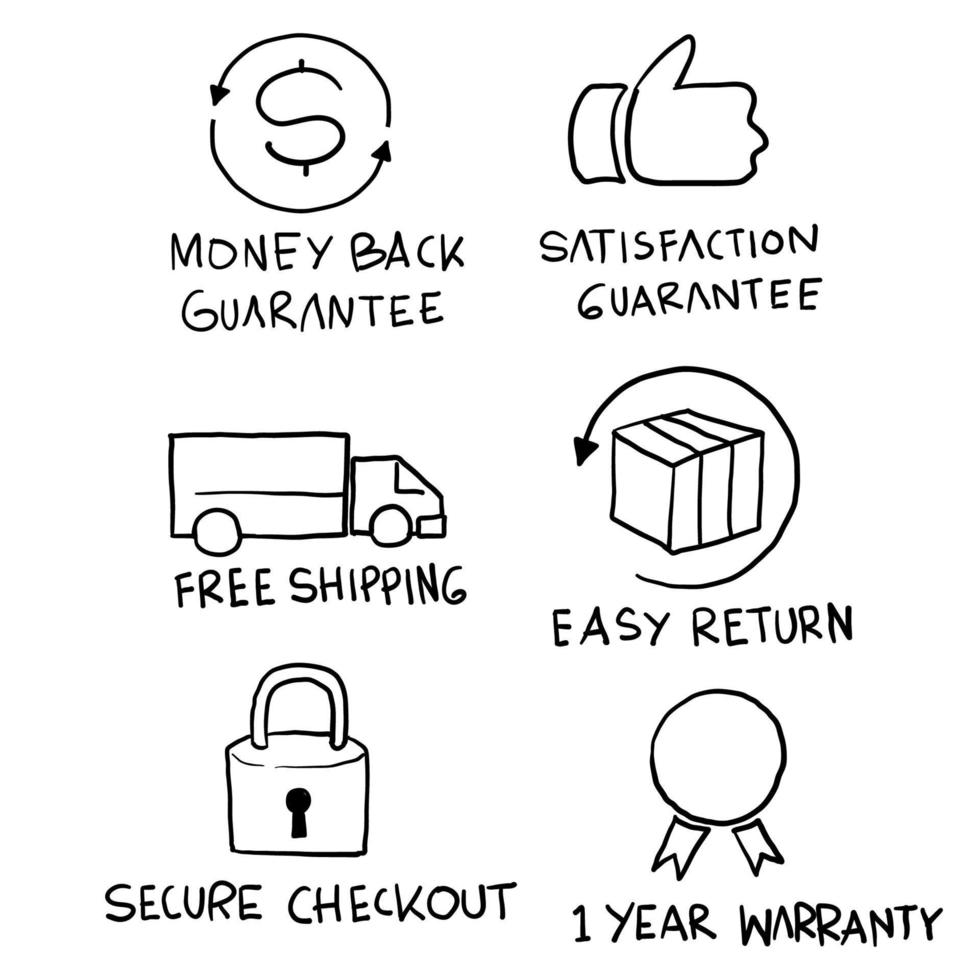 insignias de seguridad de comercio electrónico dibujadas a mano conjunto de iconos de compras sin riesgo garabato vector