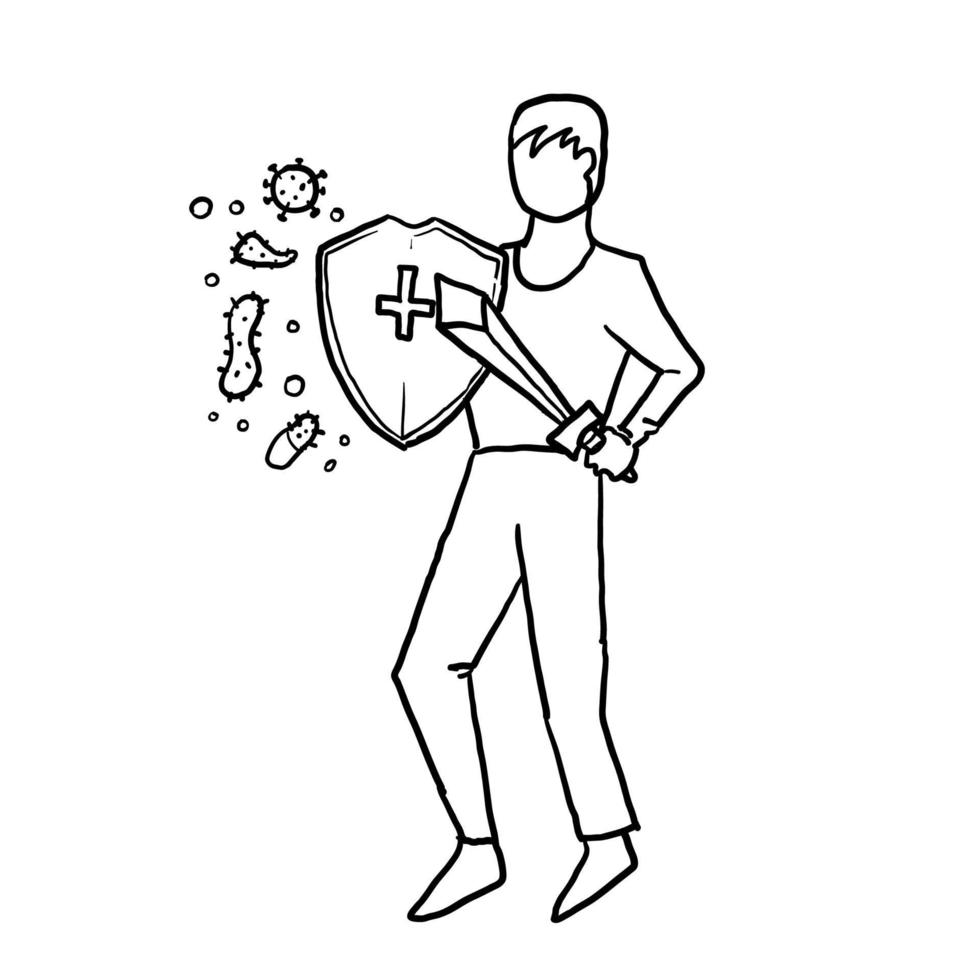 hand drawn Virus germs and bacteria protection. Healthy immune system, person protected from viruses and bacterias by immunity shield vector . Person resistant and prevent disease. doodle