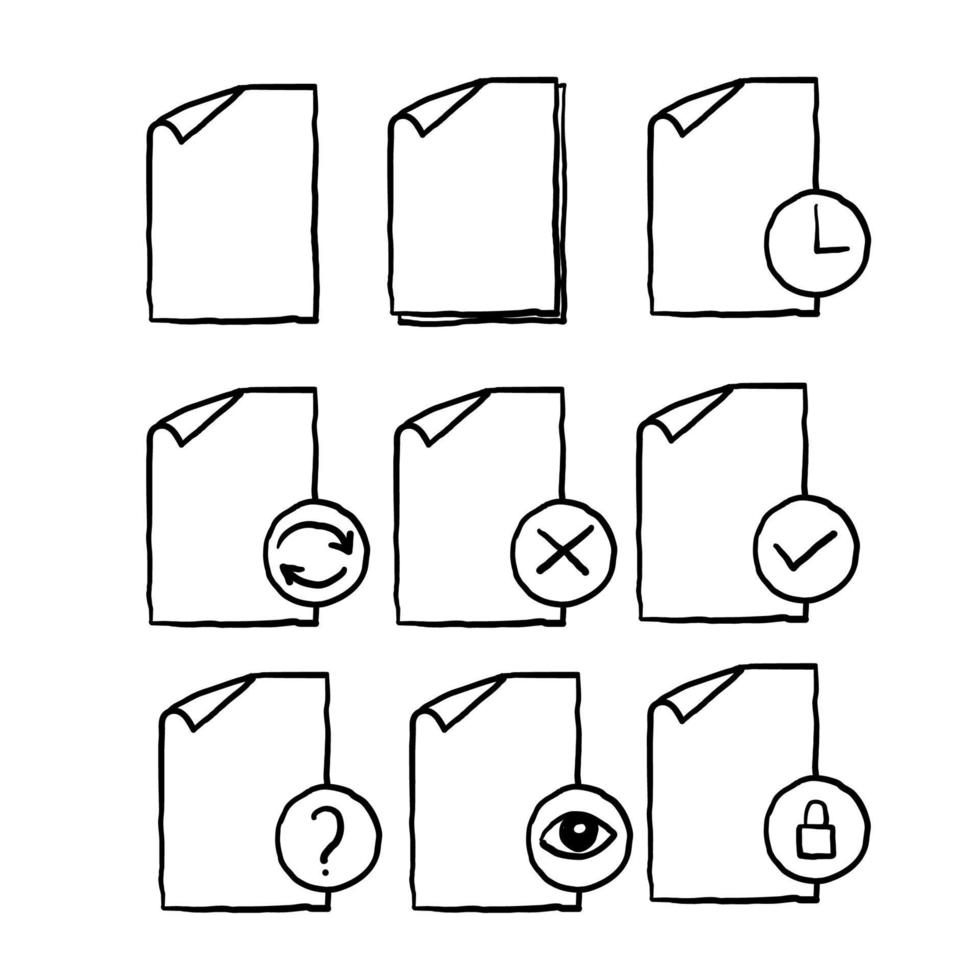 conjunto de iconos de línea vectorial de gestión de flujo de documentos dibujados a mano. garabatear vector