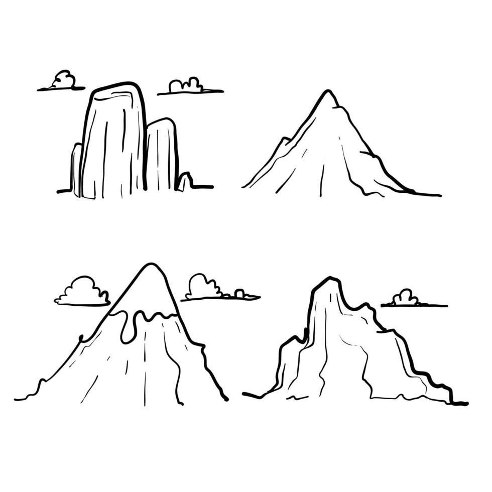 hand drawn doodle mountain illustration with line art style vector