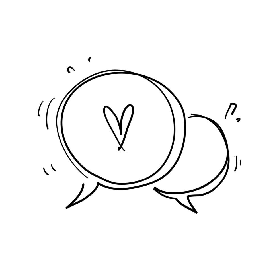 Discurso de burbuja dibujado a mano con doodle de vector de ilustración de símbolo de amor de corazón